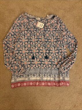 beachlunchlounge Navy Floral Print Peasant Tunic with Coral Trim